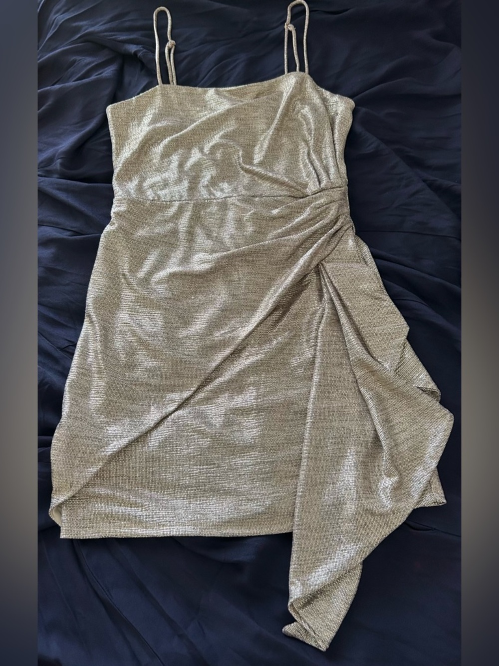 Metallic Gold Ruched Strap Cocktail Dress